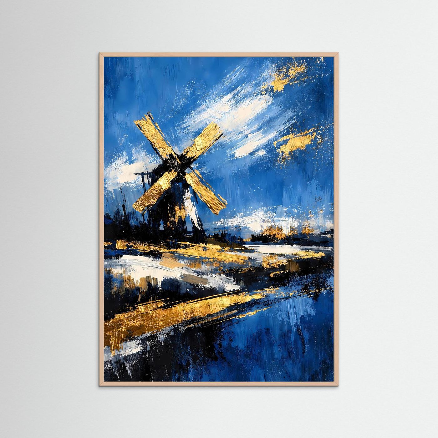 Wandkunstposter mit Windmühle in Gold auf blauem Landschaftsgemälde, mit Holzrahmen