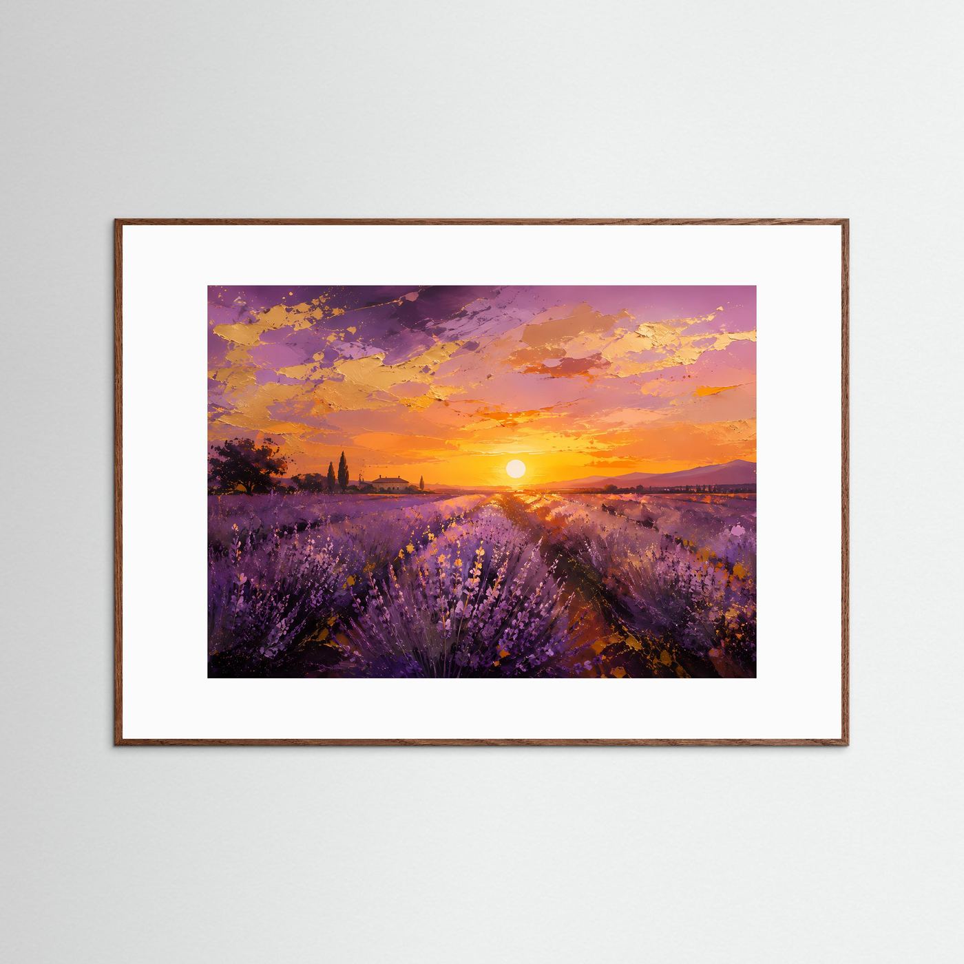 Gerahmtes Poster mit Lavendelfeld-Sonnenuntergang, goldene Sonne, violette Felder