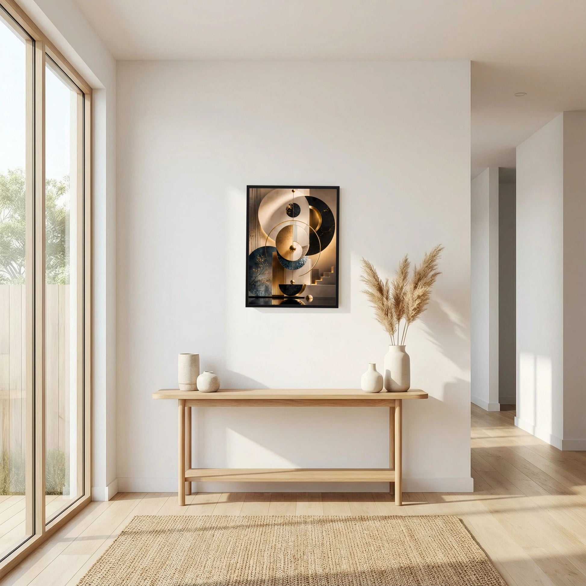 Gerahmtes Hochformat-Poster über der Konsole: abstrakte Kreise in Gold, Schwarz, Beige und Petrol
