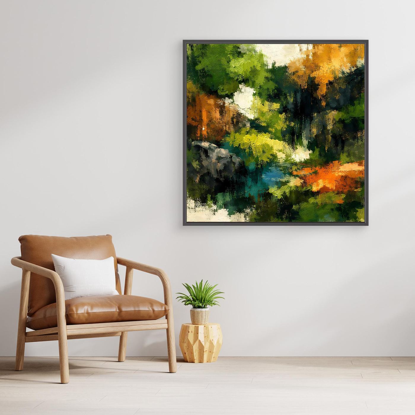Wandbild mit abstrakter Waldlandschaft in Grün, Blau und Orange im schwarzen Rahmen