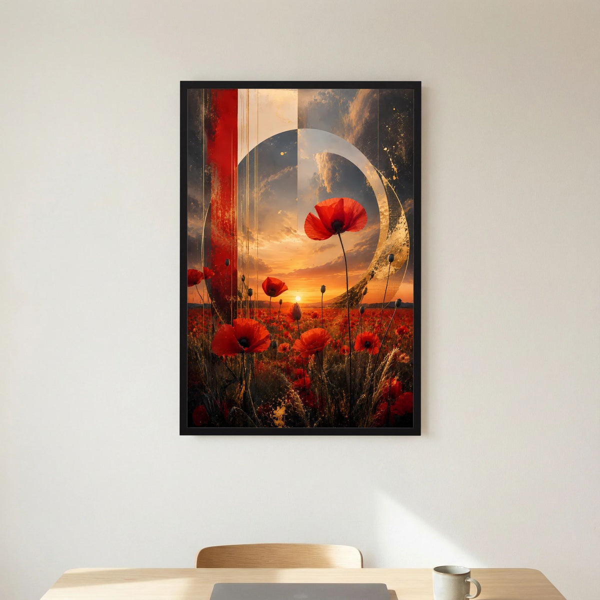 Kunstposter mit roten Mohnblüten und goldenen Akzenten, schwarzer Rahmen