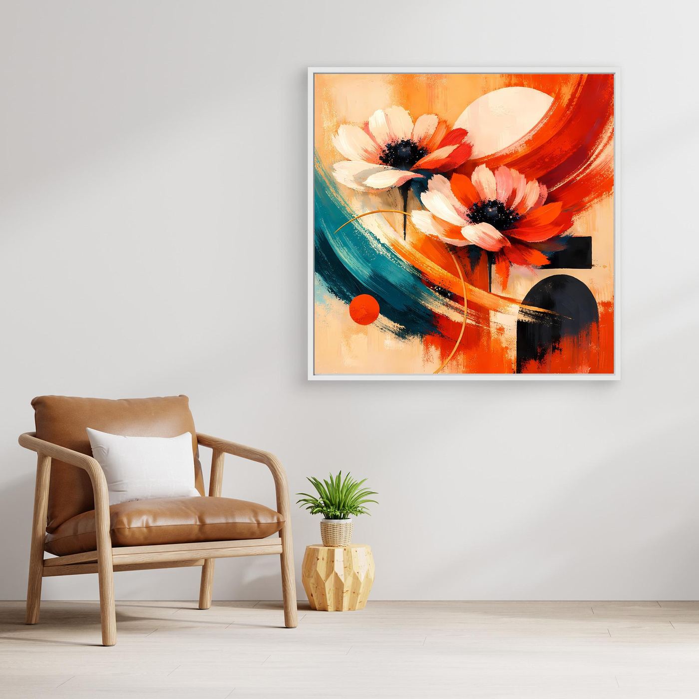 Leinwandbild mit abstrakten Anemonen, goldener Rahmen, Farbmix aus Rot, Orange, Teal