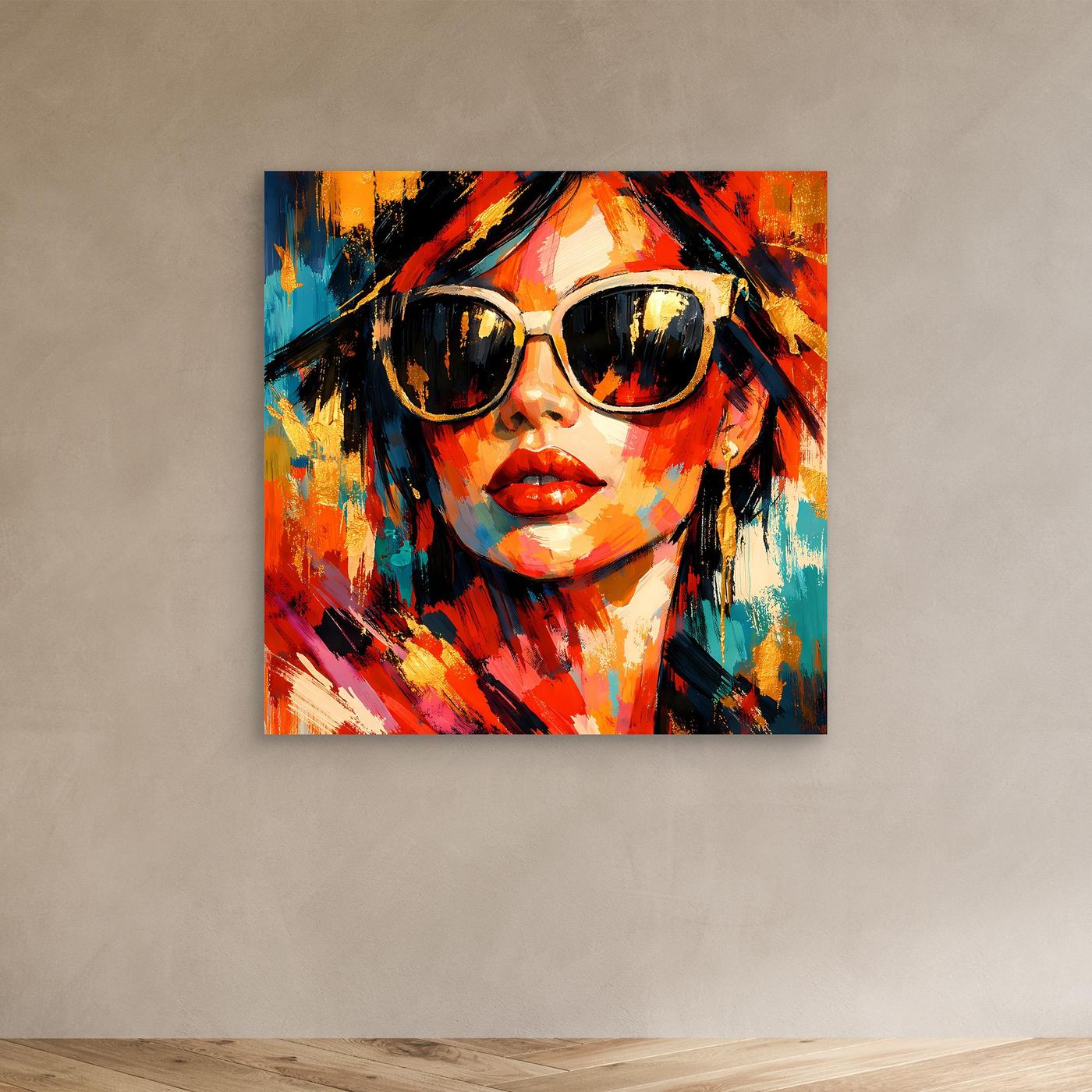 Leinwandbild mit Pop-Art-Frau mit Sonnenbrille, buntes Farbspritzdesign, ohne Rahmen