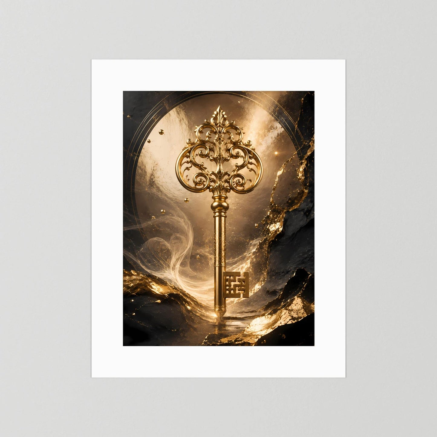 Hochformatiges Kunstposter mit goldenem Schlüssel im weißen Passepartout