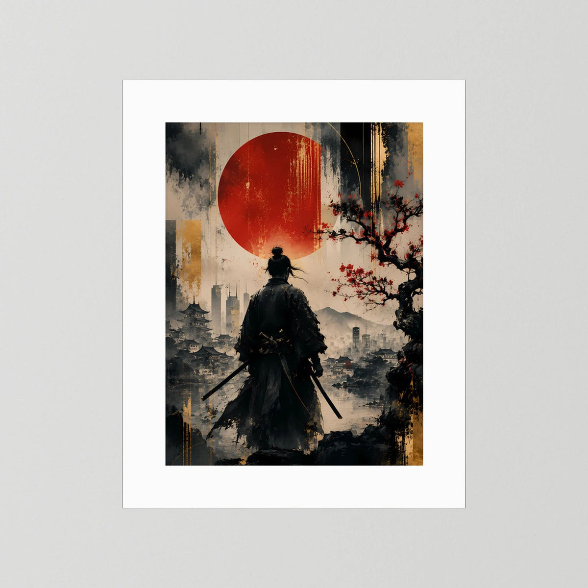 Hochformatiges Kunstposter mit weißem Rand: Samurai-Silhouette, rote Sonne, Schwert