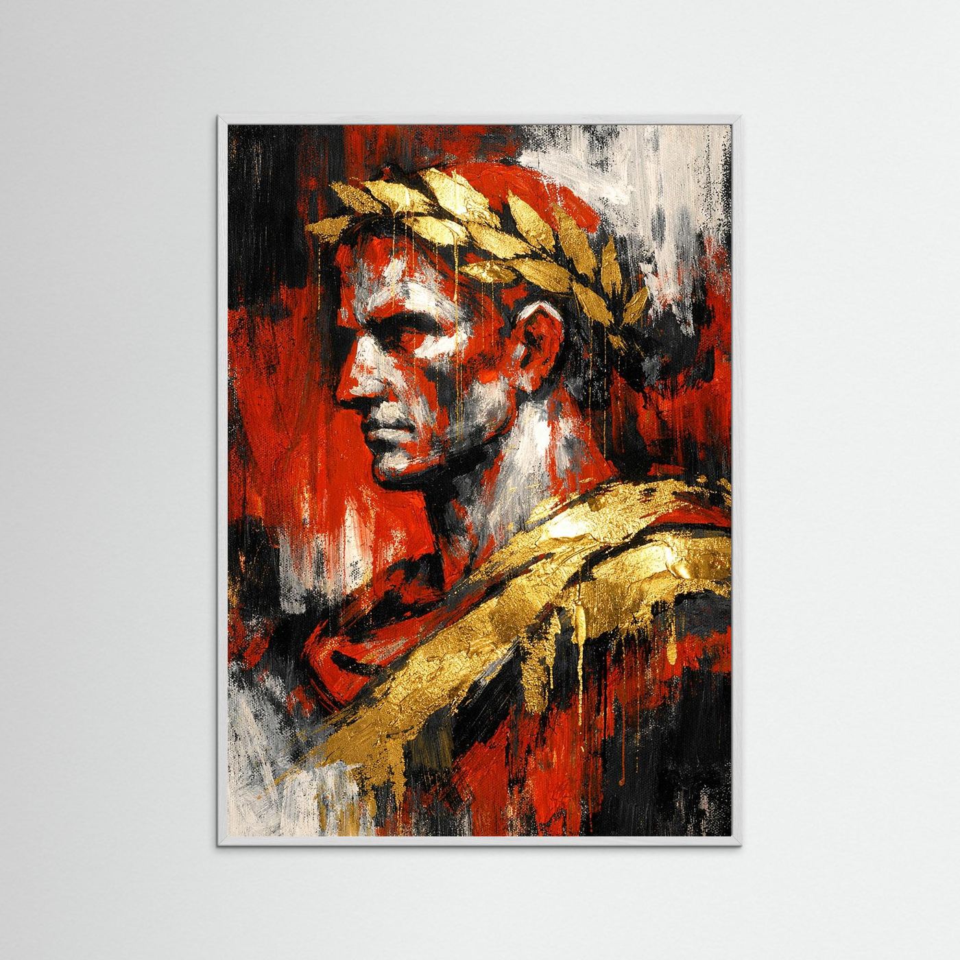 Hochformatiges Kunstposter mit abstraktem Bullenprofil, Rot-Schwarz-Weiß, goldene Akzente im dunklen Rahmen