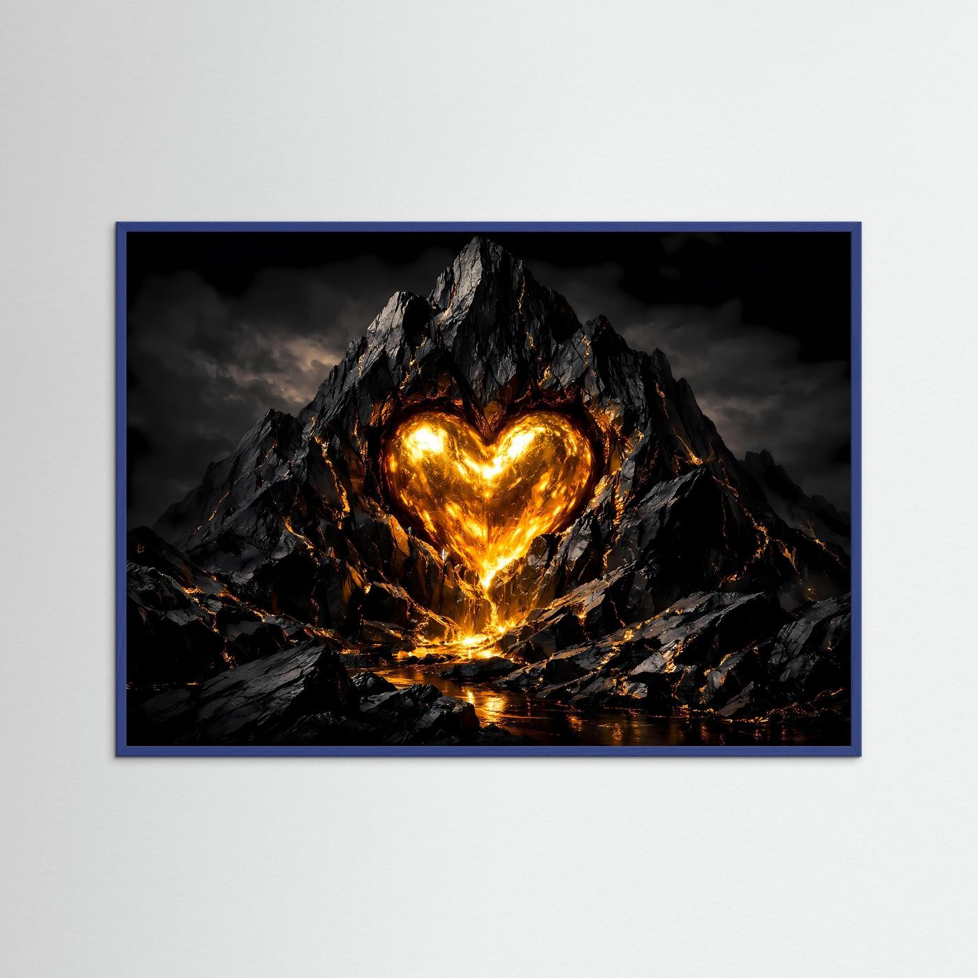 Glühendes Vulkanherz im Fels massiv | Feurige Magma Kunst & Herz Wandbild Querformat