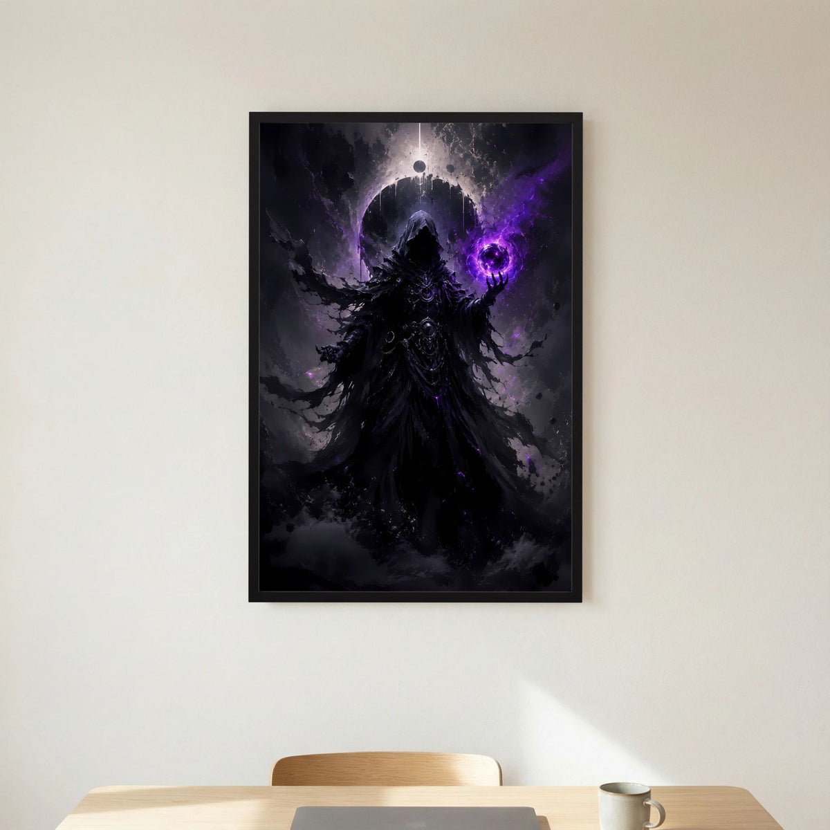 Fantasy-Poster mit schwarzem Rahmen: dunkler Magier und violette Energie