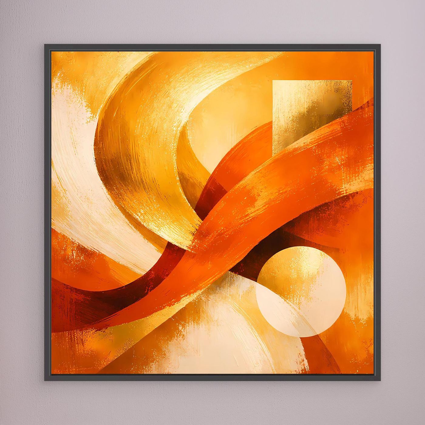 Abstraktes Leinwandbild mit goldenen und roten Wellen auf warm-orangefarbenem Hintergrund, schwarz gerahmt.