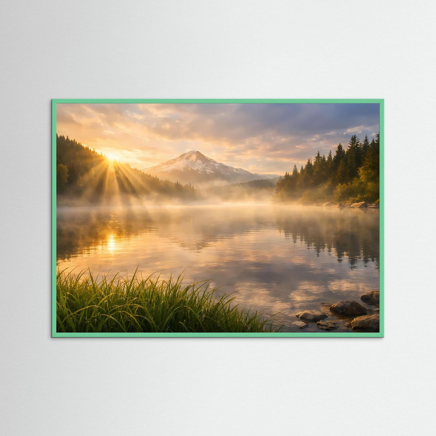 Wandposter mit Landschaftsmotiv: See, Berge und Sonnenaufgang, grüner Rahmen