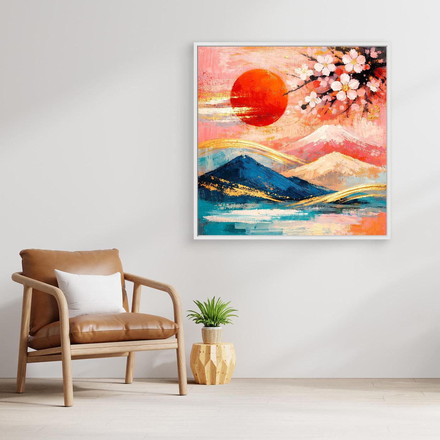 Leinwandbild mit Kirschblüten, roter Sonne und Berglandschaft in Pastellfarben, mit weiß-grauem Rahmen