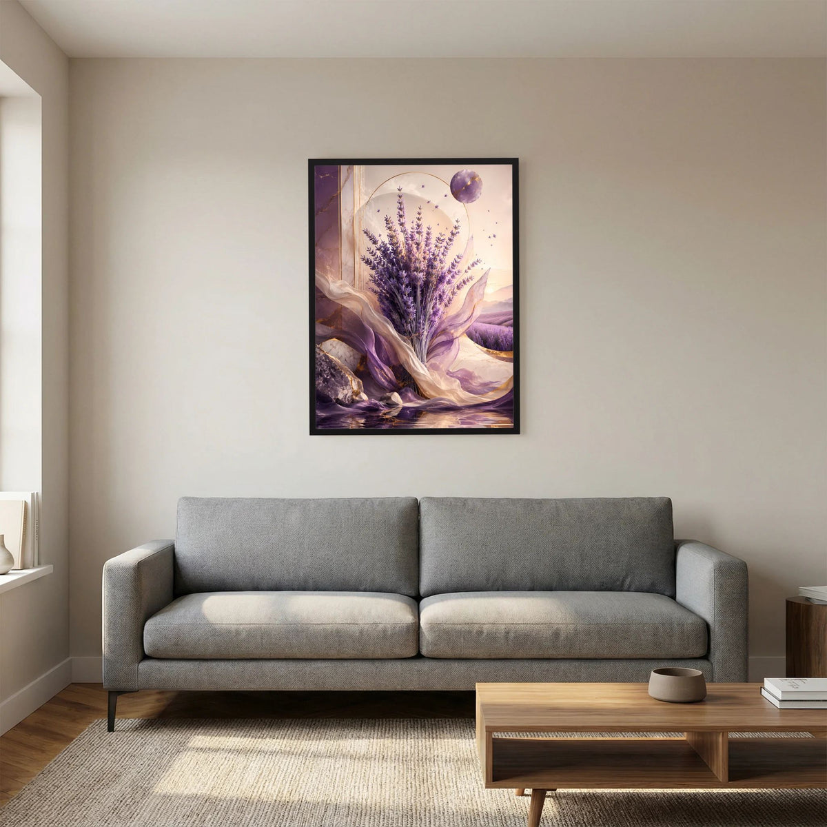 Hochformat-Poster mit violettem Lavendel, runden Lichtpunkten im Himmel, Pastellpalette, schwarz gerahmt