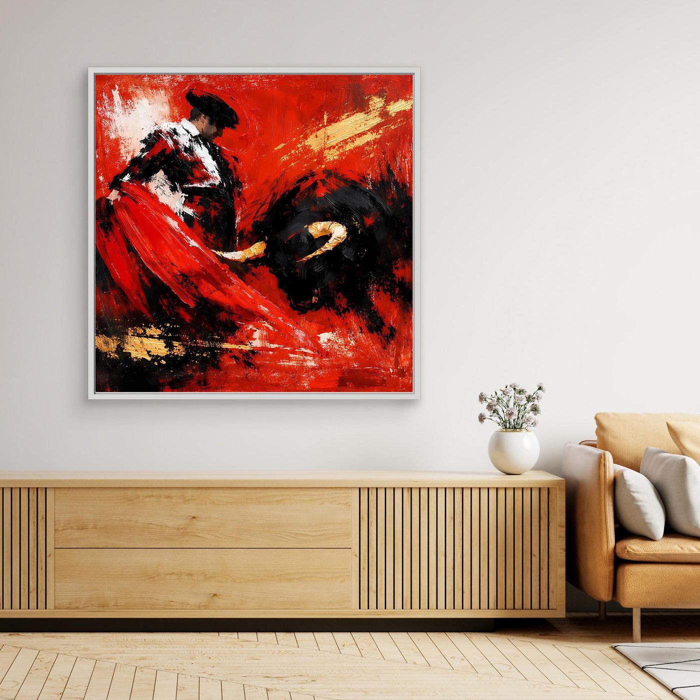 Abstraktes Leinwand-Wandbild mit Torero und Stier, roter Hintergrund, weißer Rahmen