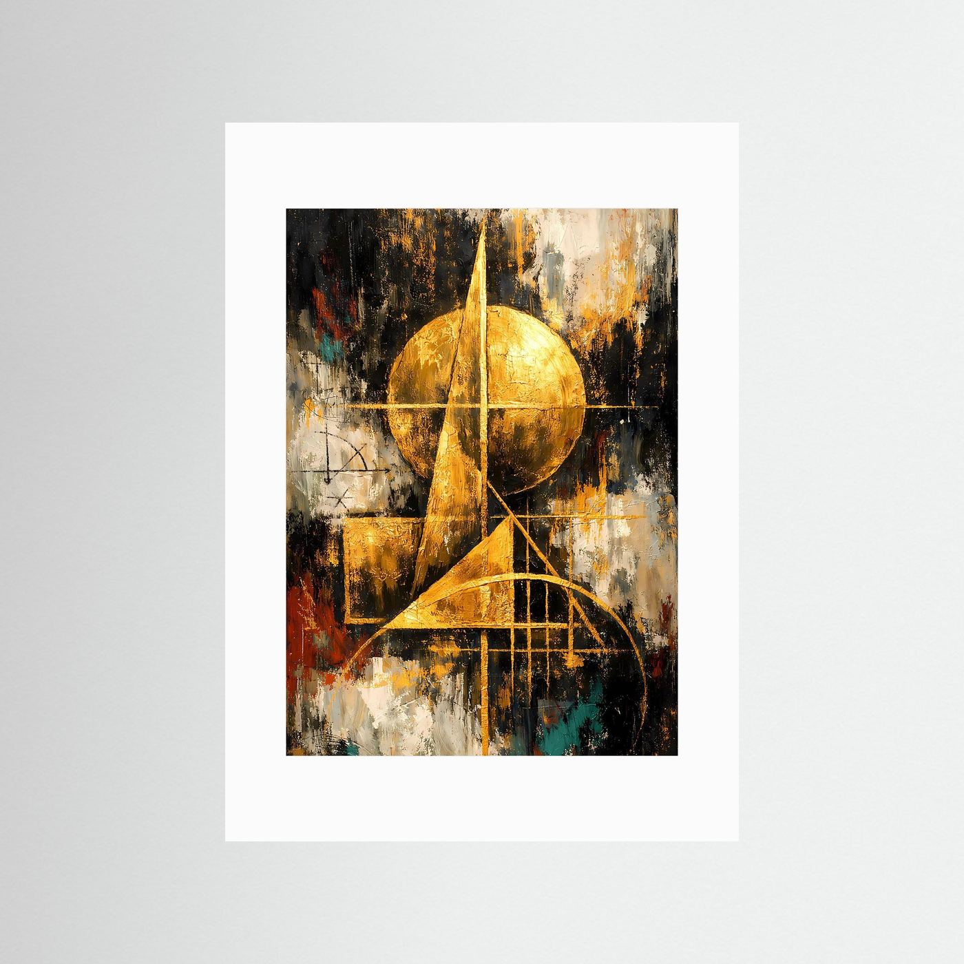 Abstraktes Bauhaus-Poster mit weißem Passepartout, goldene Kreise und Linien auf Schwarz-Weiß