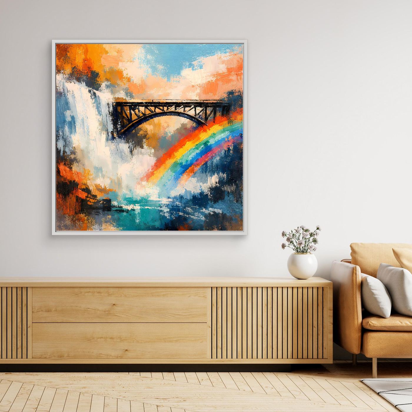 Leinwand-Wandbild mit Wasserfall, Brücke und Regenbogen, heller Rahmen