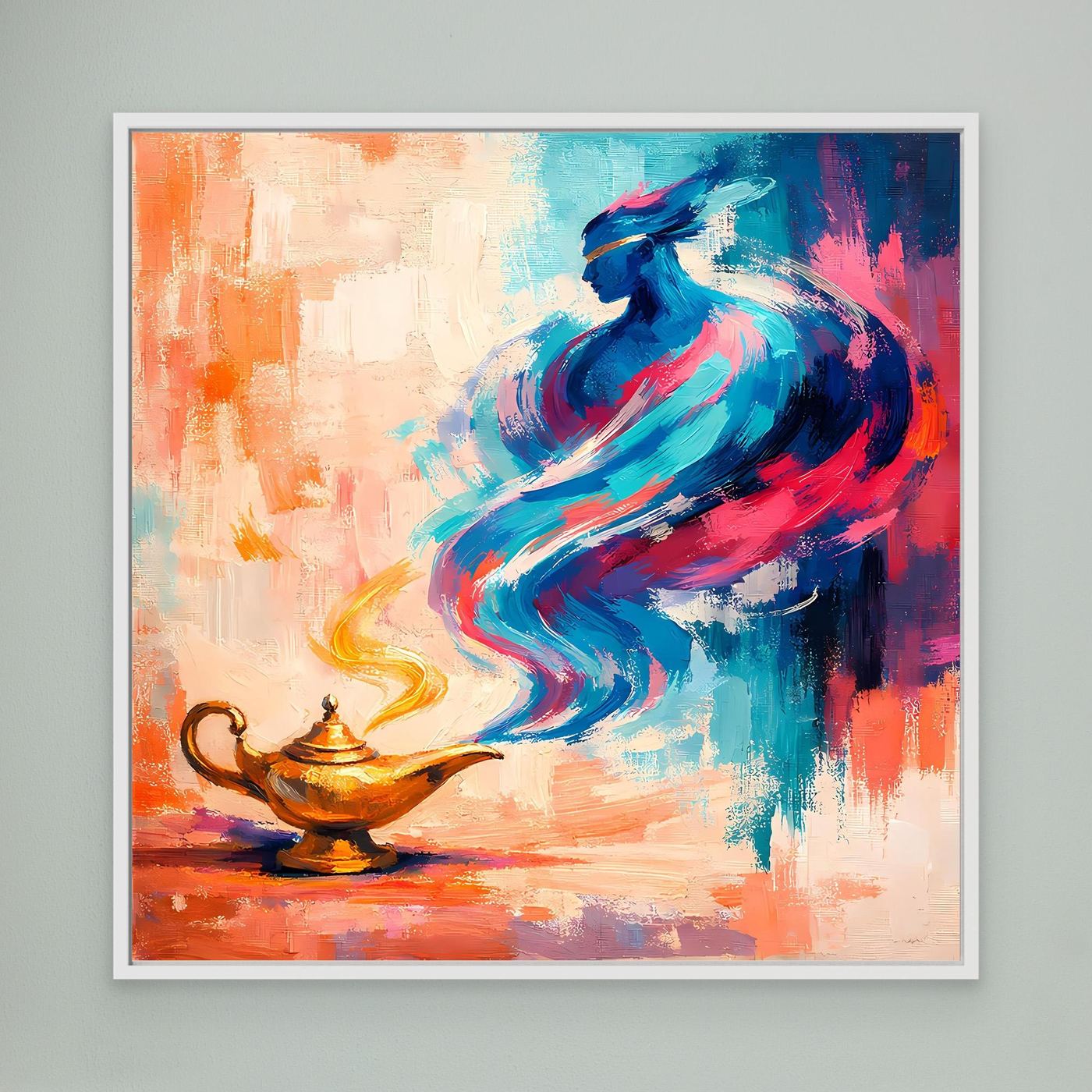 Wandbild mit abstraktem Flaschengeist, weiß gerahmte Leinwand, blaue und orange Farbfelder