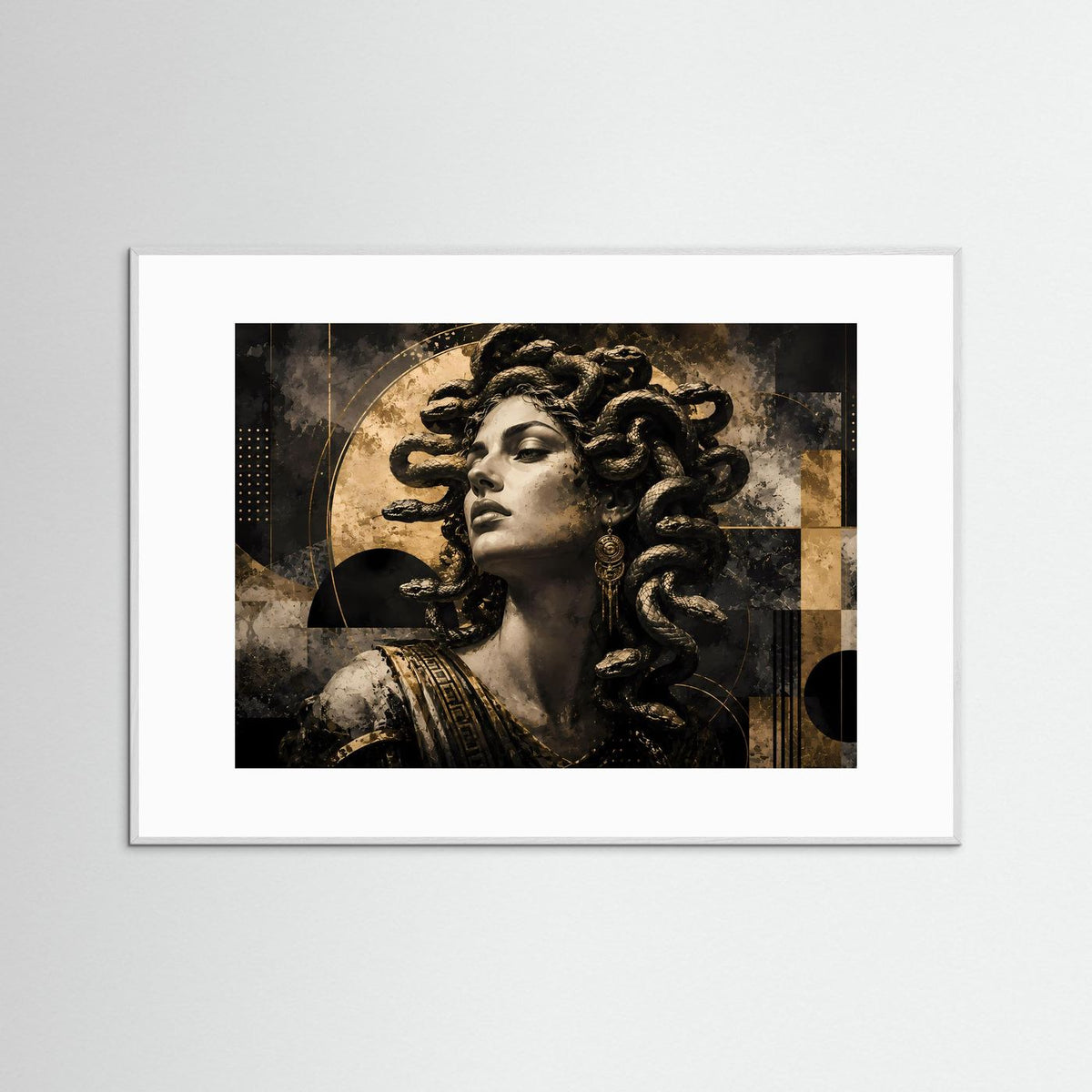 Querformat-Poster mit Medusa-Motiv: Frauengesicht mit Schlangen, Schwarz-Gold, weißer Rahmen