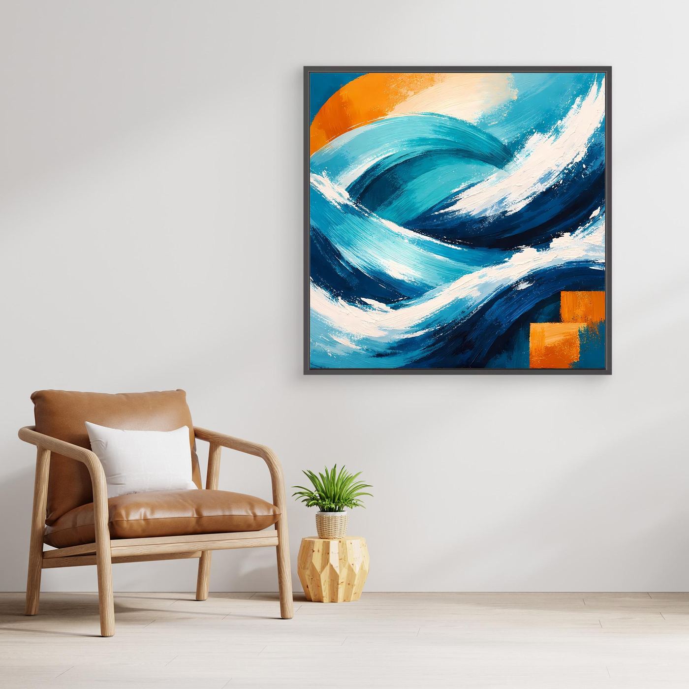 Leinwandbild mit abstrakten Meereswellen in Blau, Türkis und Orange, goldfarbener Rahmen.