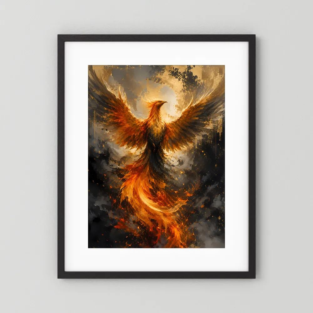 Poster mit schwarzem Rahmen und weißem Rand, Phönix mit gold-orange Flügeln