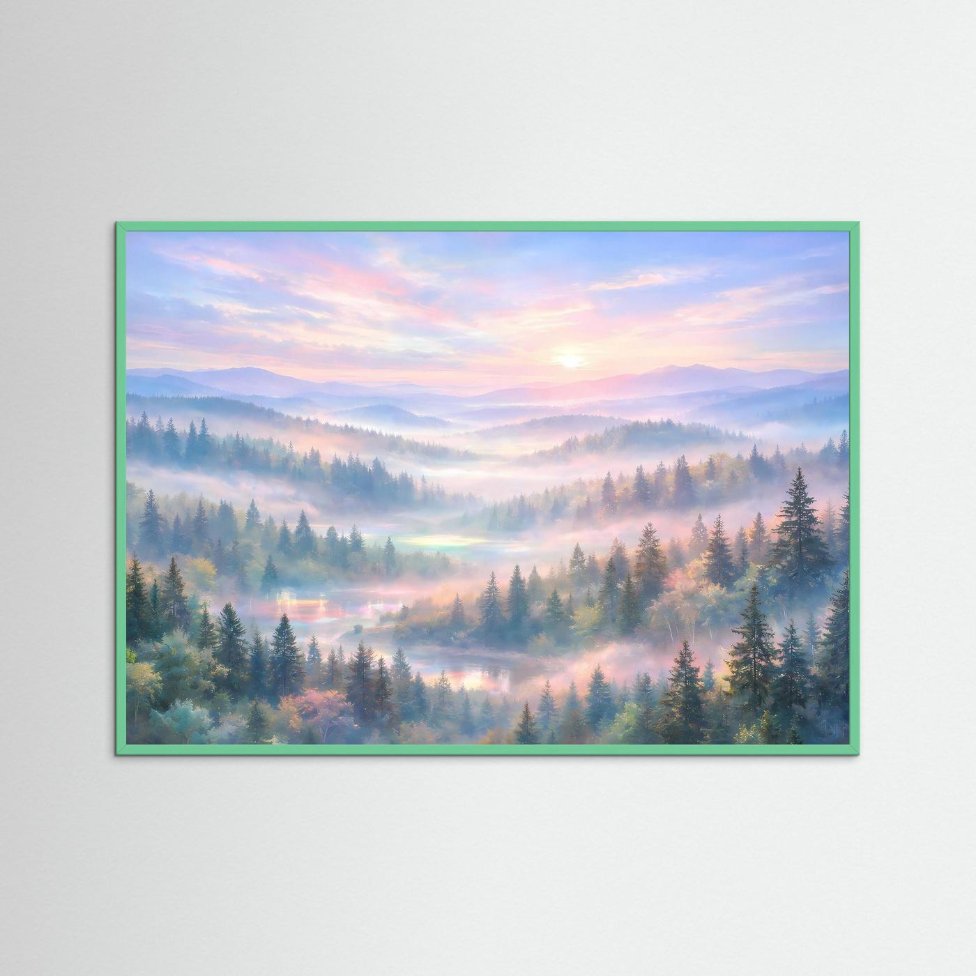 Waldlandschaft-Wandbild mit Sonnenaufgang und grünem Holzrahmen