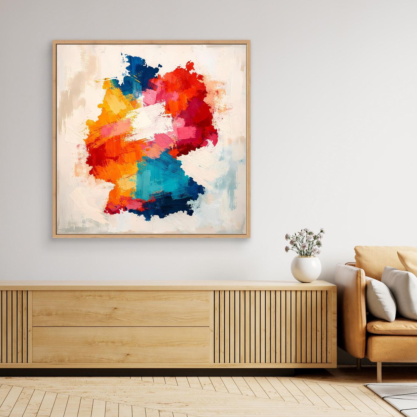 Abstract Germany map canvas wall art in oak frame above a wooden sideboard