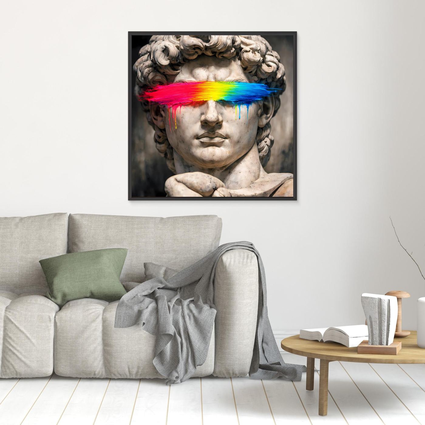 Leinwandbild der David-Statue mit Regenbogen-Farbbalken und Tropfen, schwarz gerahmt