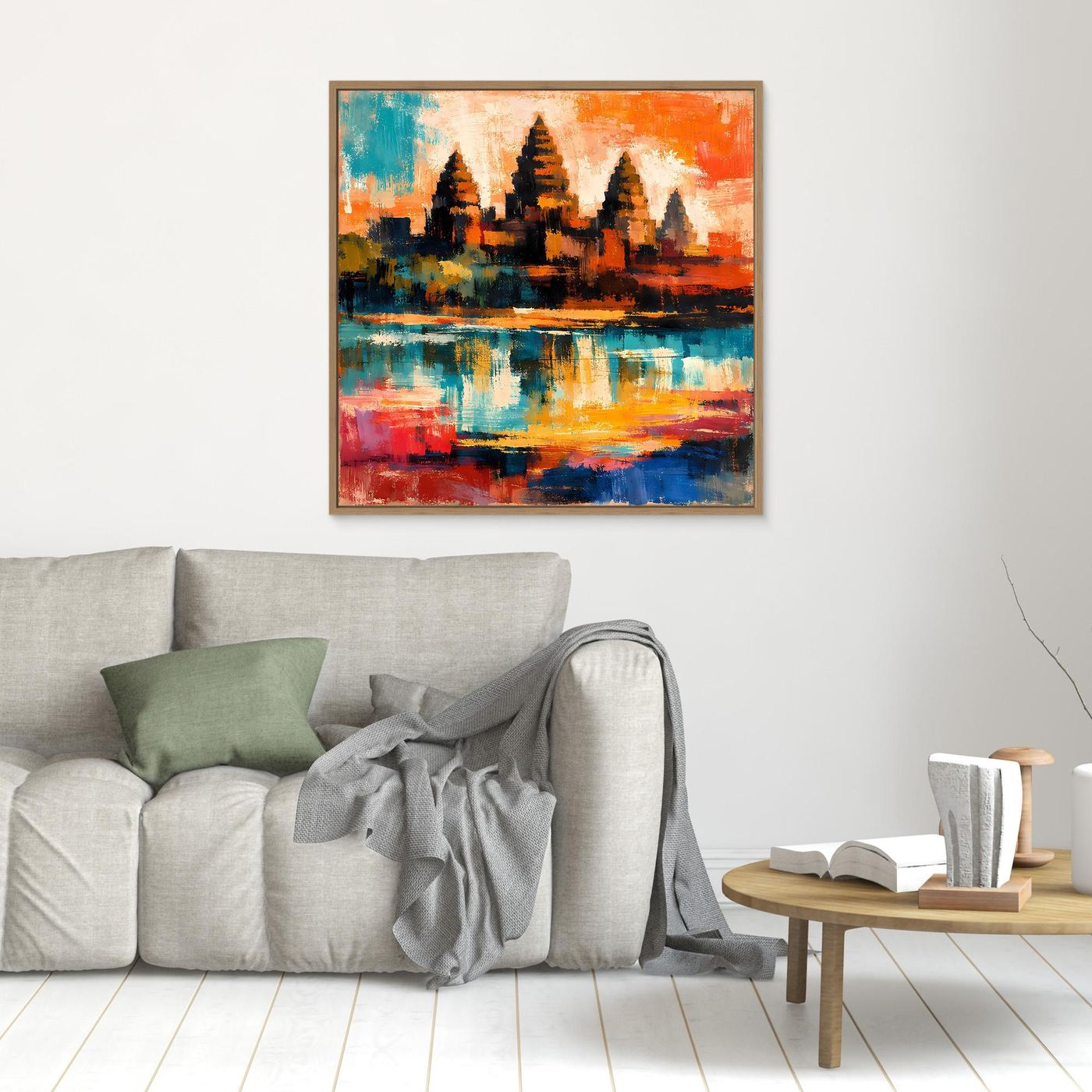 Kleines Wandbild mit abstrakter Maya-Pyramide, orange-blaue Reflexion, braun gerahmt.