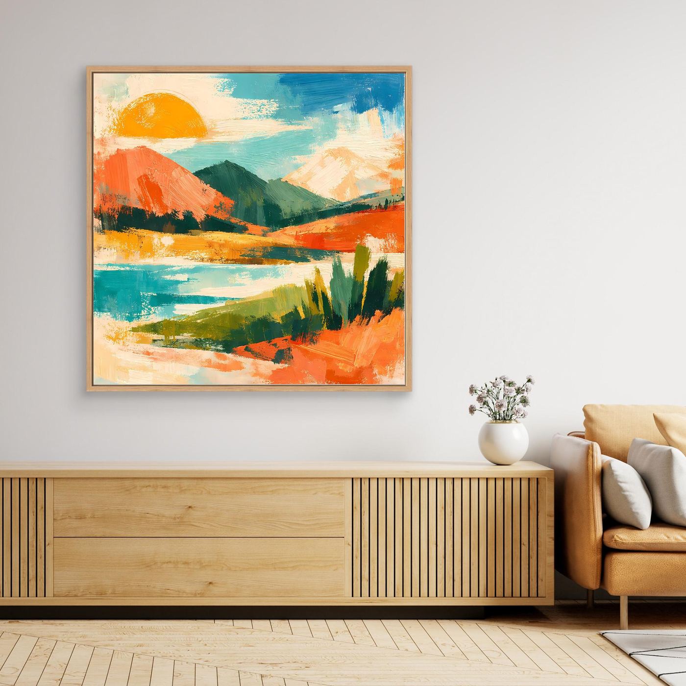 Abstraktes Leinwand-Wandbild mit Sonne über See, Hügeln und bunten Pinselstrichen, mit Holzrahmen