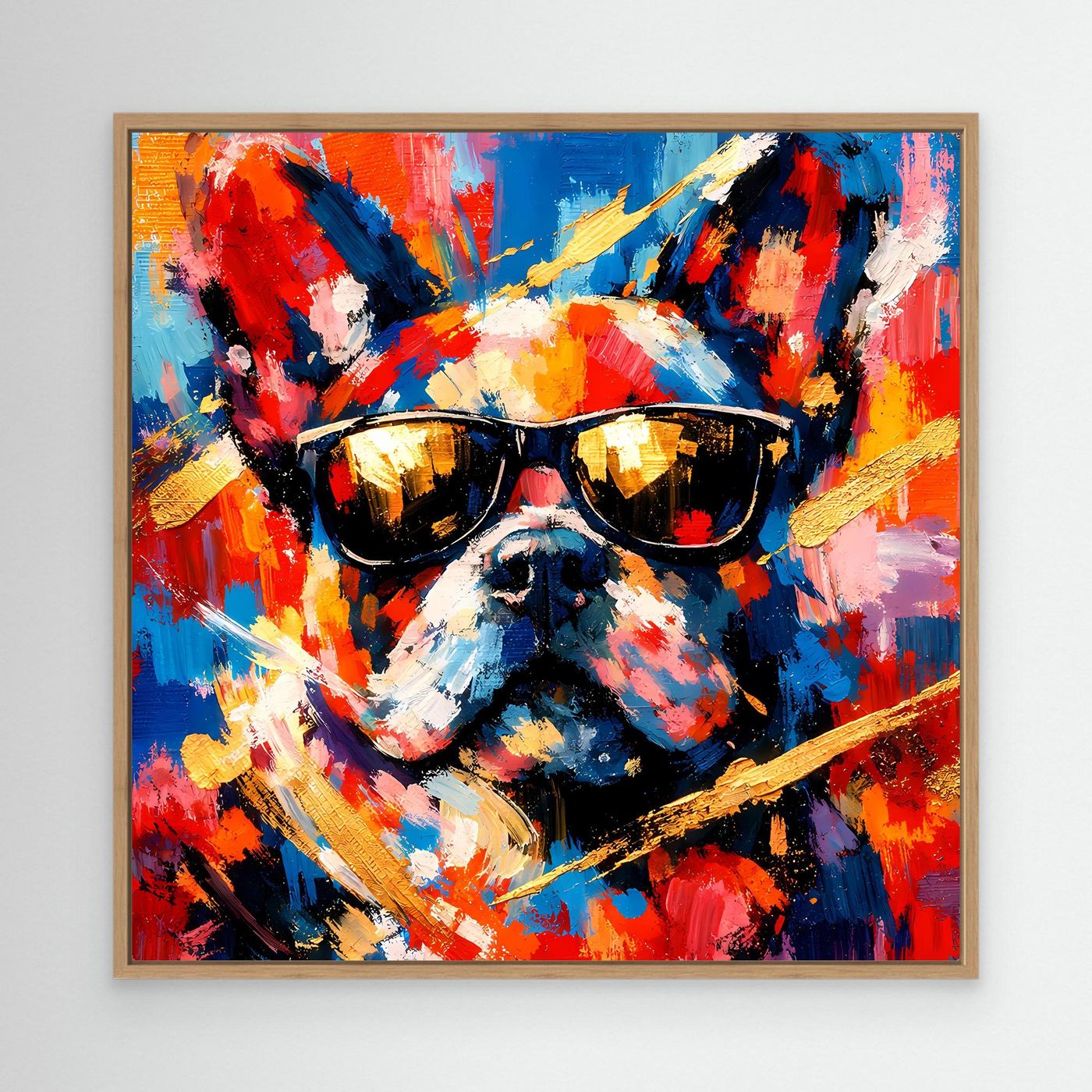Abstraktes Leinwandbild mit Eichenrahmen: Französische Bulldogge mit Sonnenbrille, farbig