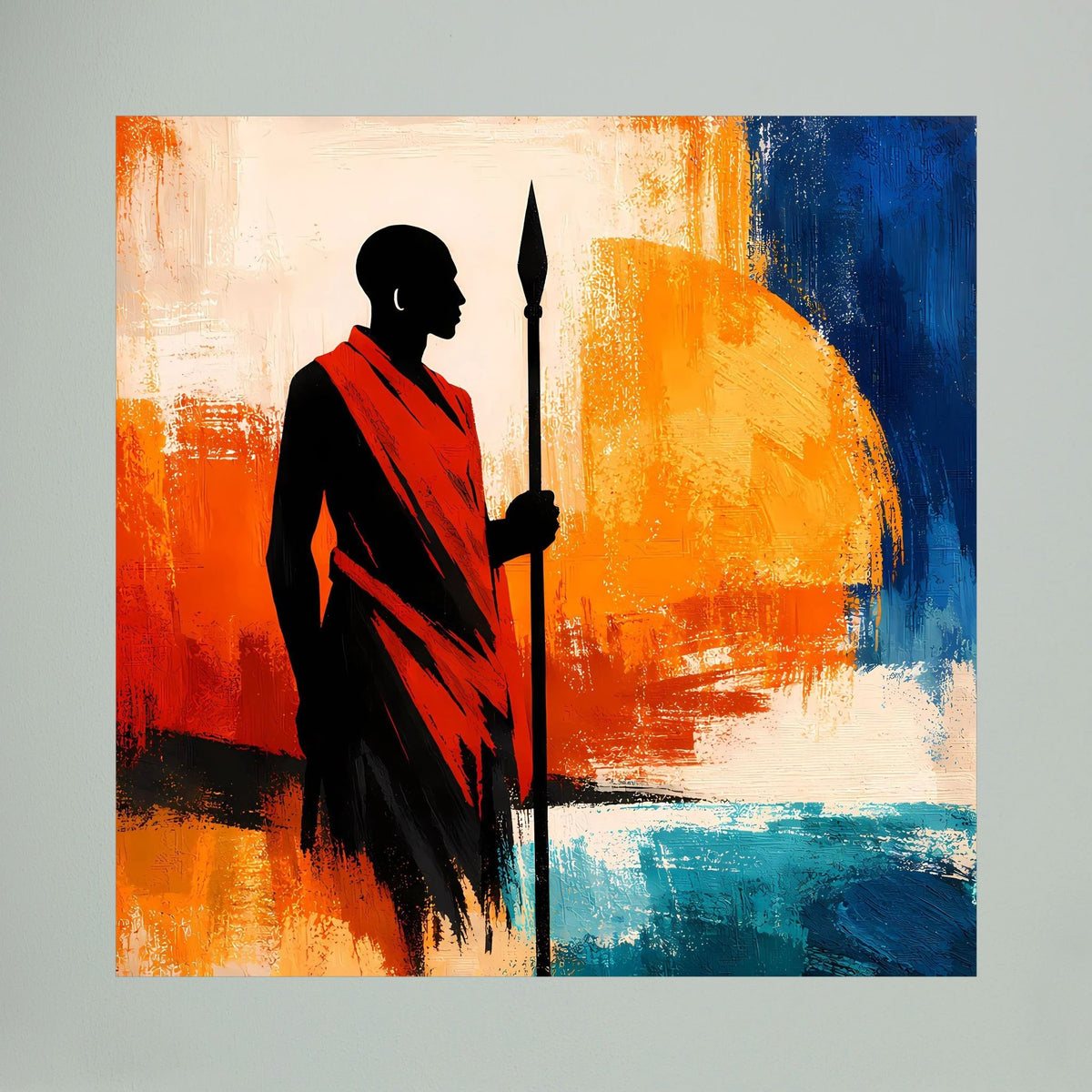 Nahansicht Wandbild: schwarzer Krieger mit rotem Tuch und Speer, orange-blauer Farbfläche