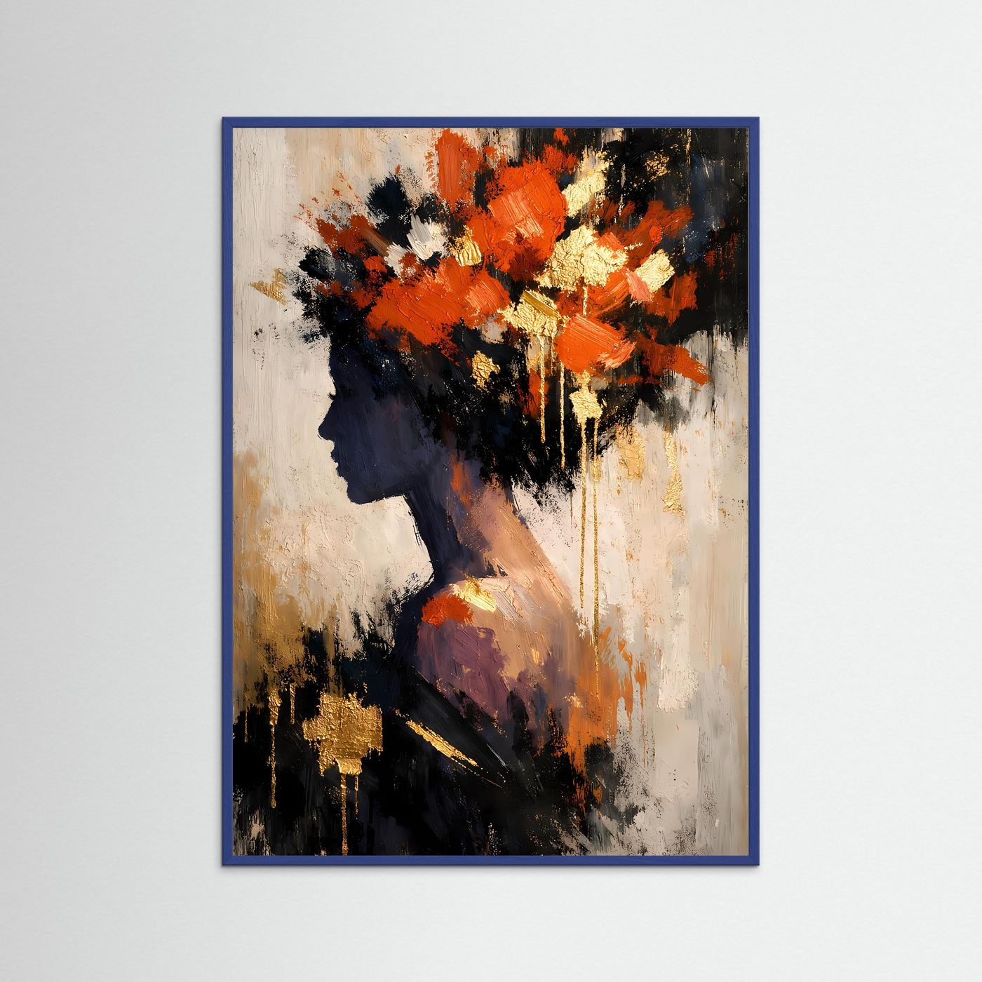 Kunstposter mit abstraktem Frauenporträt im Profil in Blau-Rahmen, orange, gold und schwarz