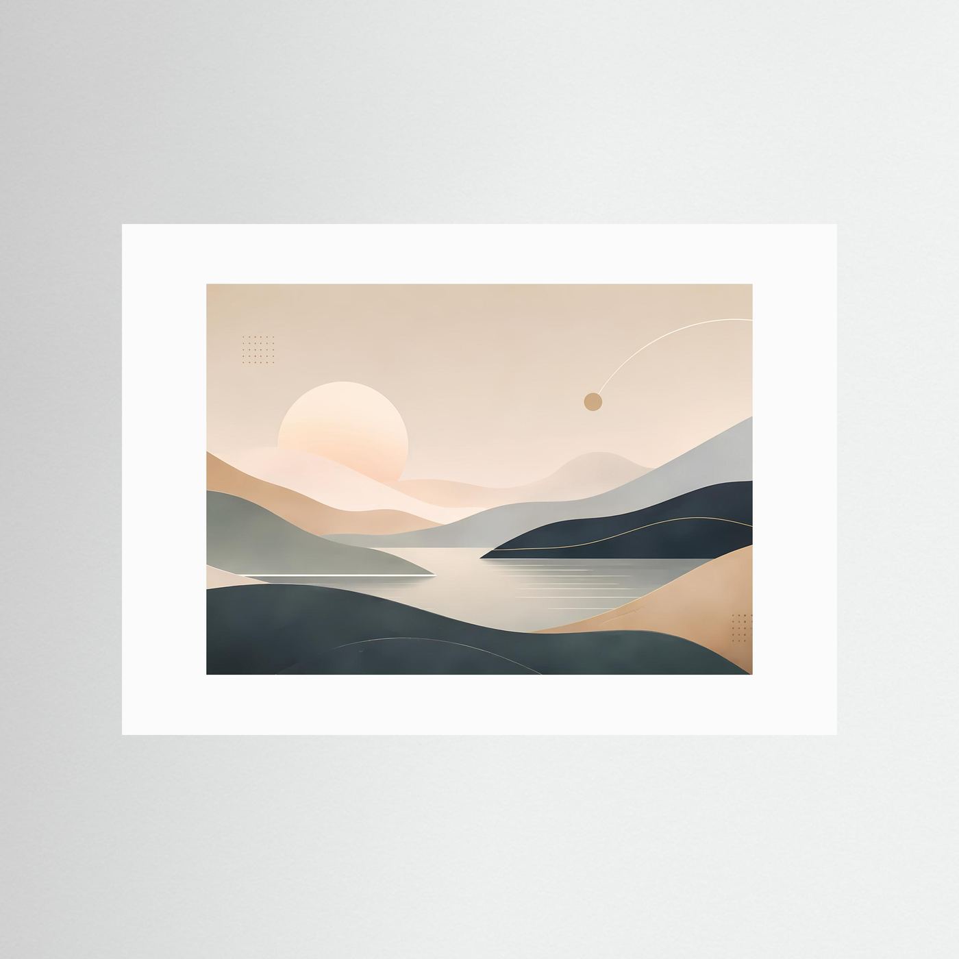 Horizontales Poster mit abstrakter Landschaft, Sonne, Beige- und Blautönen, mit weißem Rand