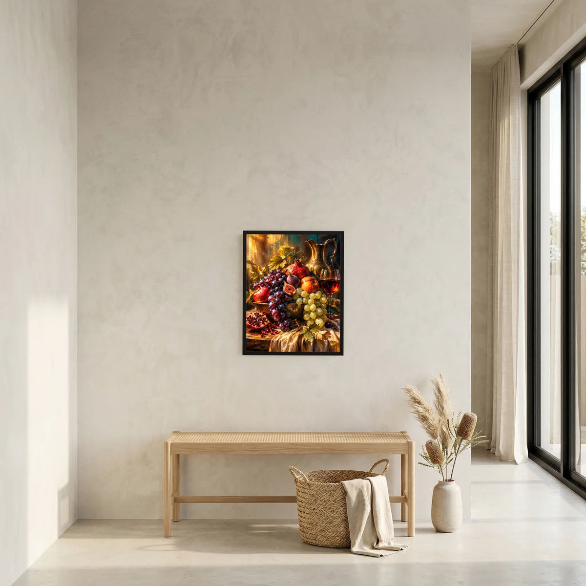 Gerahmtes Stillleben-Poster mit Trauben, Feigen und Granatapfel sowie Weinglas