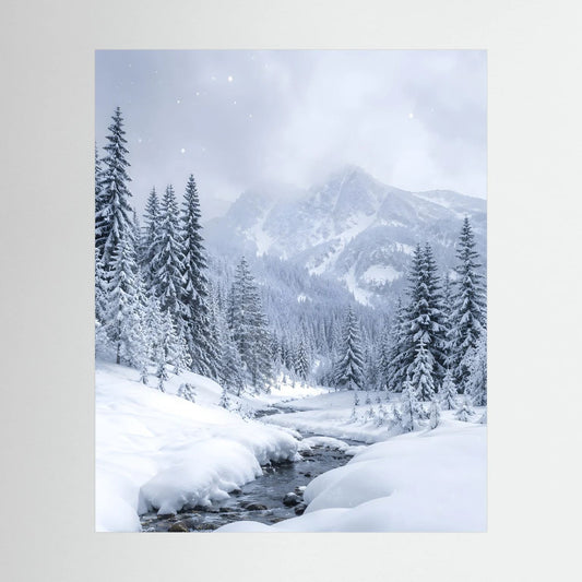 Hochformatiges Poster mit verschneiter Berg- und Tannenlandschaft im Schnee