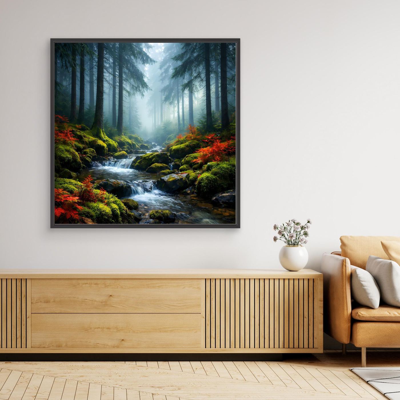 Gerahmtes Leinwand-Wandbild mit Waldfluss im Nebel, schwarzer Rahmen