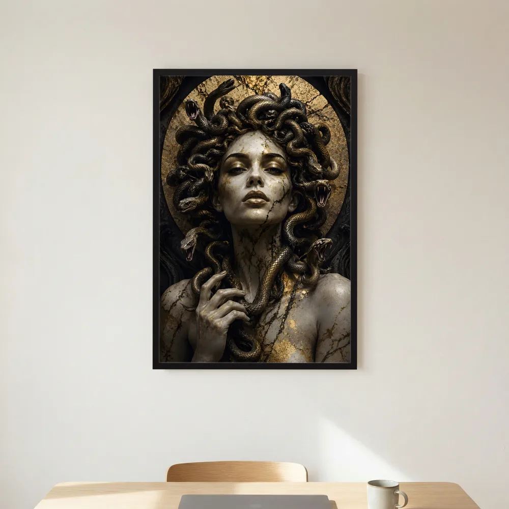 Poster der Schlangengöttin Medusa mit goldenen Schlangen, schwarzer Holzrahmen (Hochformat)