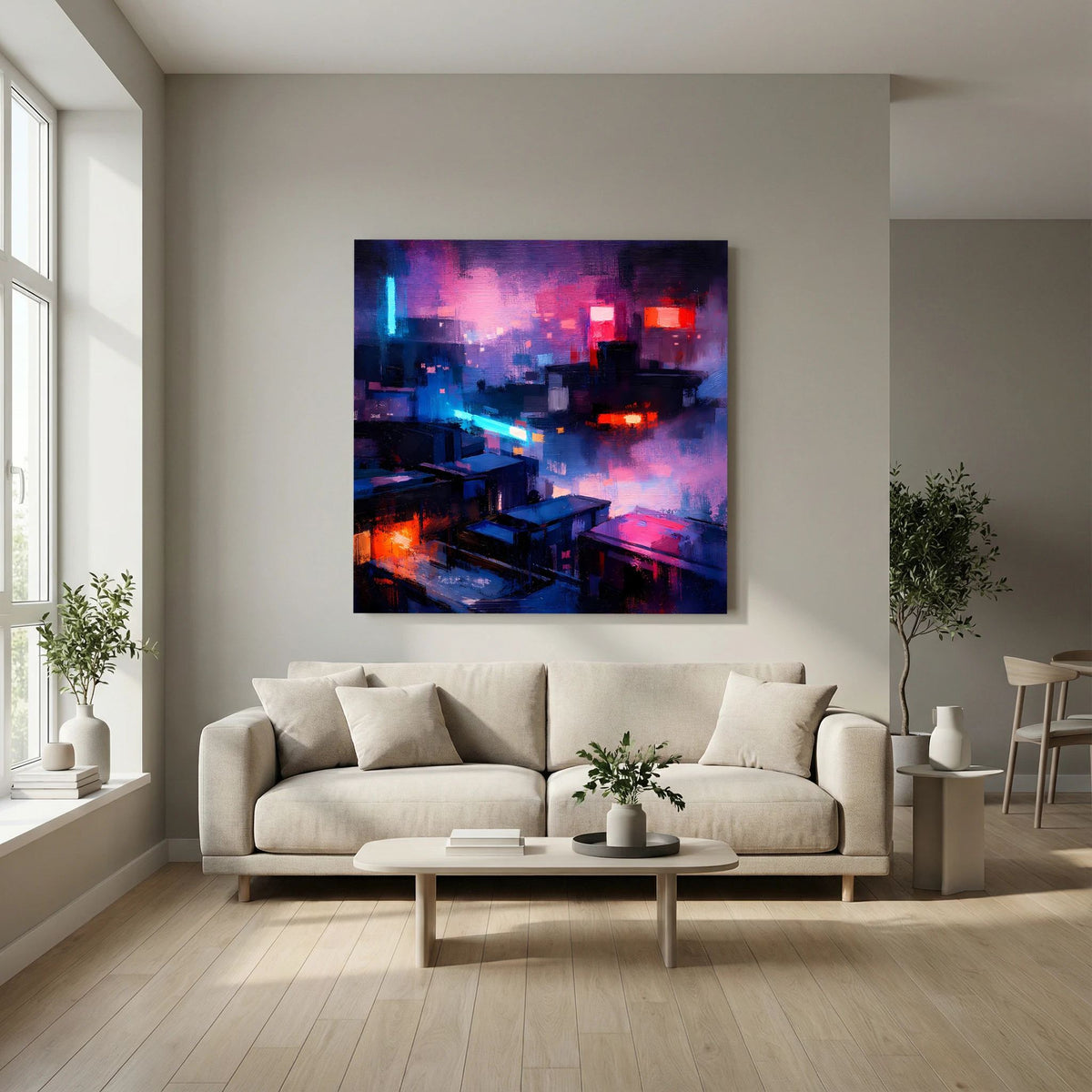 Neon-Cyberpunk-Stadtmotiv auf Leinwand, abstrakte Gebäude mit violettem und blauem Leuchten