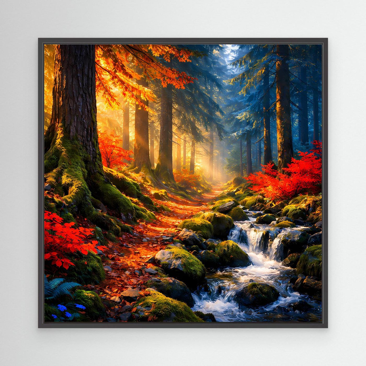 Wandbild Leinwand mit schwarzem Rahmen: Herbstwald mit Sonnenstrahlen und Bach über Felsen