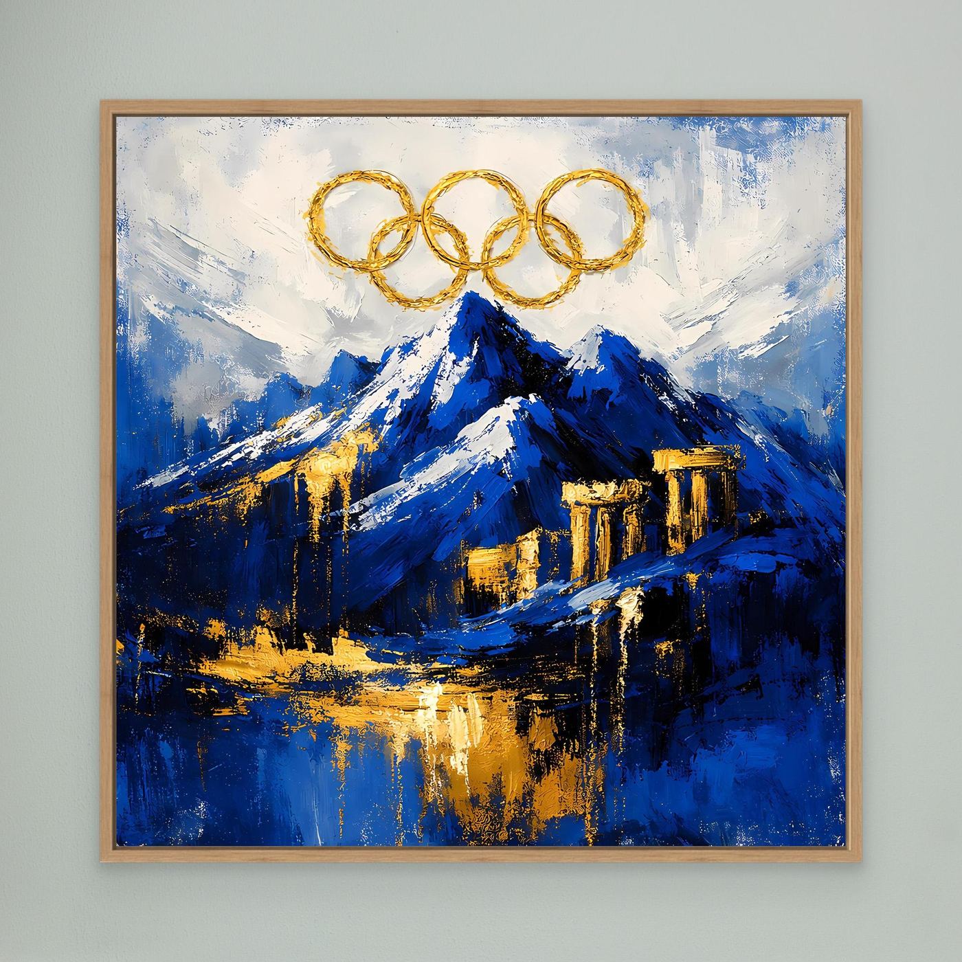 Leinwand Olympischer Geist am Mount Olympus | Abstraktes Berge Wandbild Gold Blau