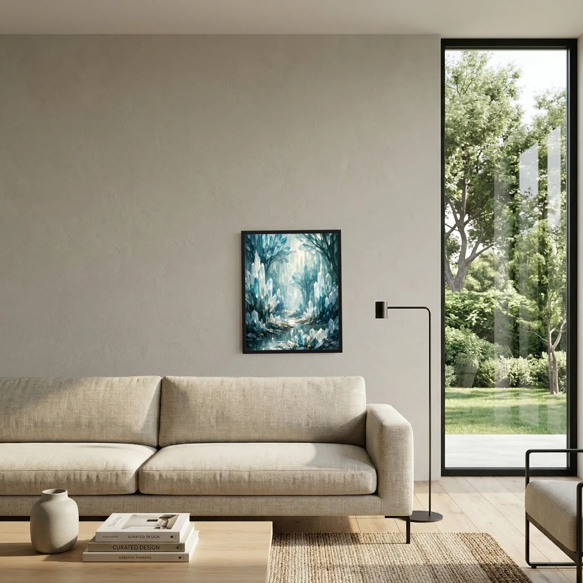 Quadratisches Wandbild mit blauem Kristallwald-Motiv im dunklen Rahmen