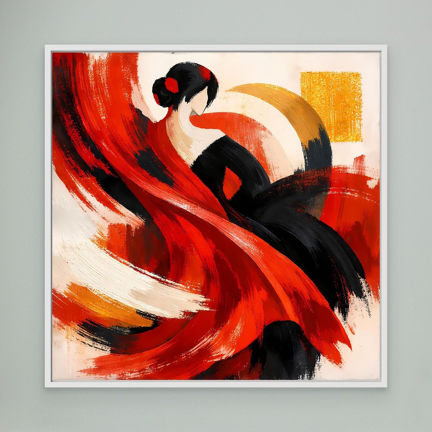 Leinwandbild mit abstrakter Flamenco-Tänzerin in Rot, Schwarz und Gold mit weißem Rahmen
