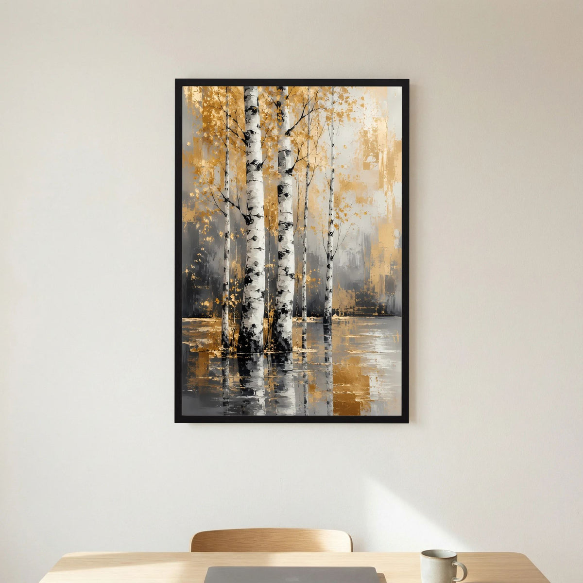 Hochformat-Poster mit abstrakten Birken, Weiß-Gold-Tönen und Wasserreflexion
