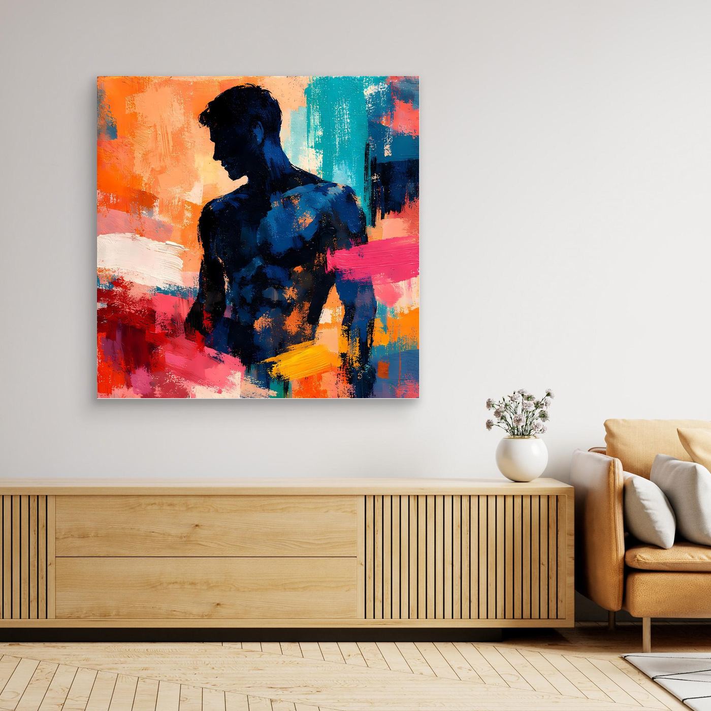 Abstraktes Leinwand-Wandbild mit maskuliner Silhouette, bunte Farbflecken, Nahansicht