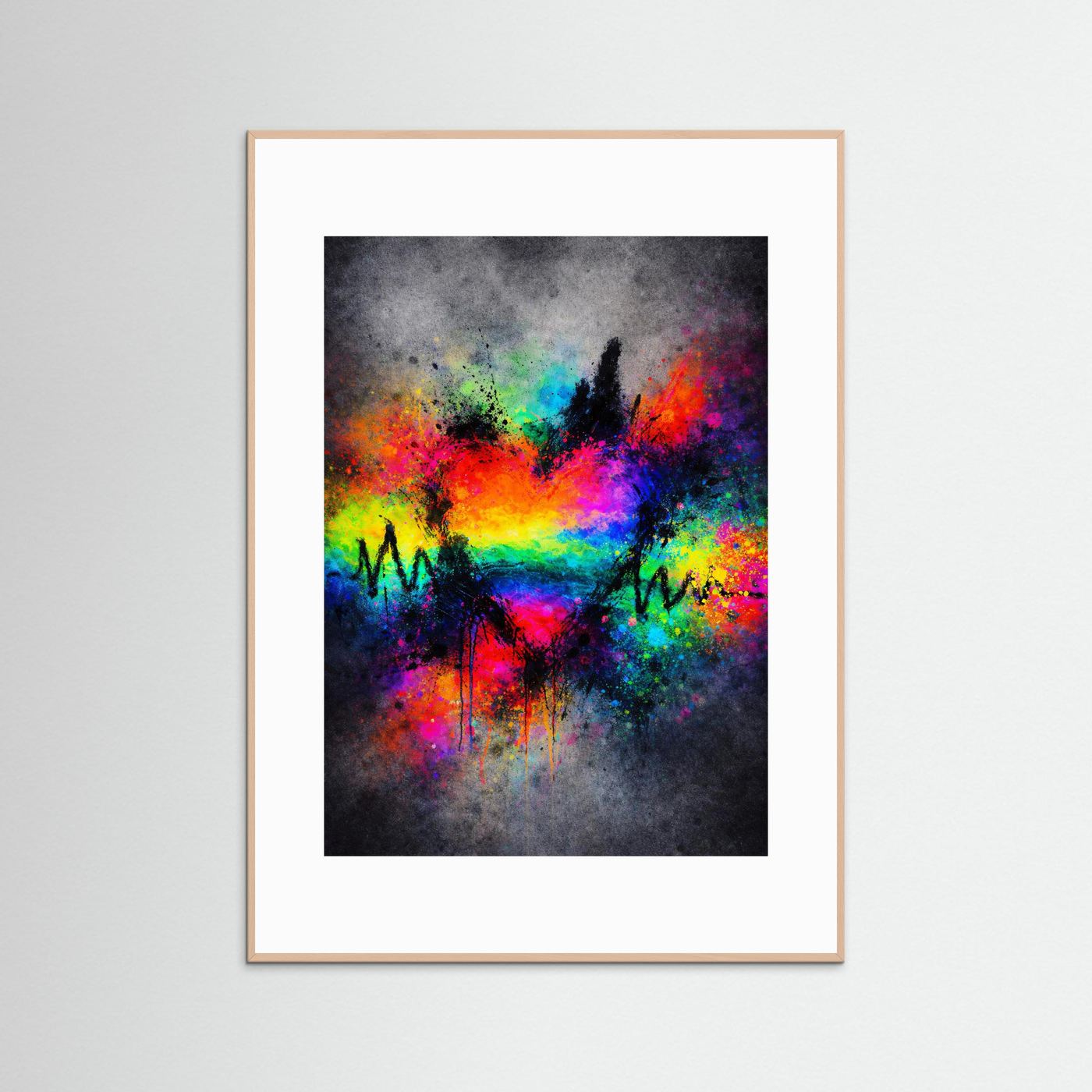 Kunstposter mit abstraktem Regenbogenherz und EKG-Linie, weiß gerahmt