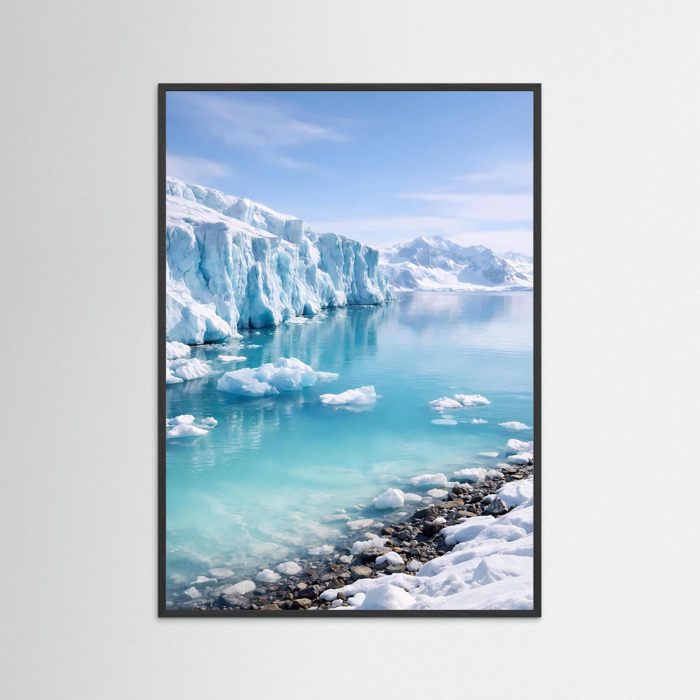 Gletscher-Poster im Hochformat mit schwarzem Rahmen, türkisfarbenes Wasser, blaues Eis