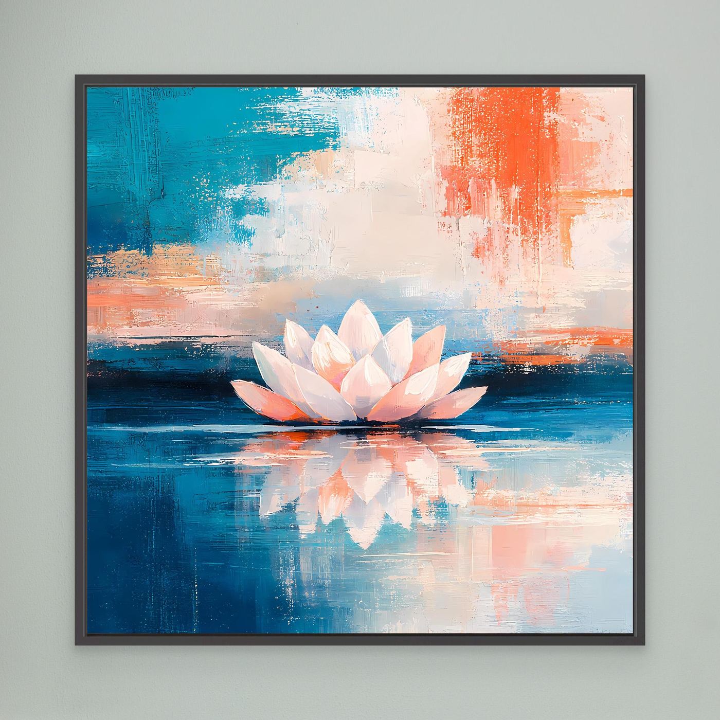 Leinwand Abstrakte Lotusblüte auf dem Wasser | Modernes Seerosen Wandbild Blau Orange