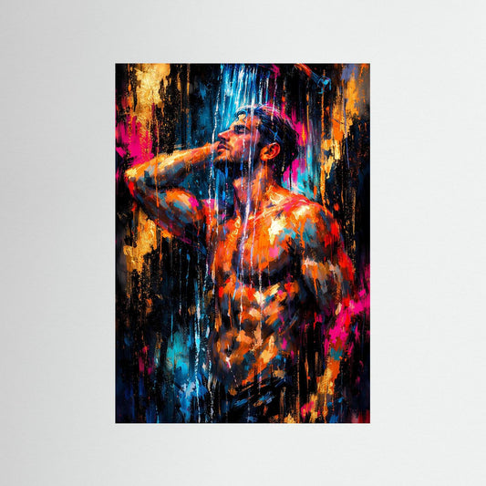 Hochformatiges Kunstposter: abstrakter Akt unter der Dusche in Neonfarben