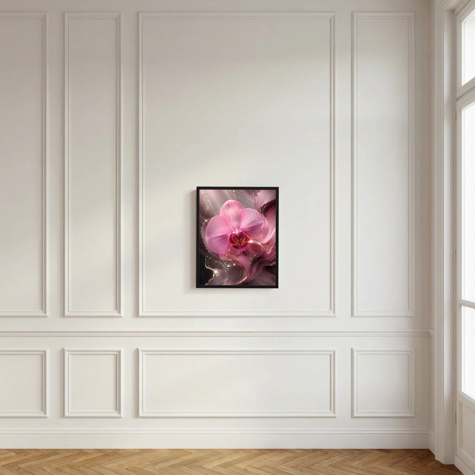 Schwarzes gerahmtes Wandbild mit rosa Orchideenblüte und Goldakzenten im Hochformat