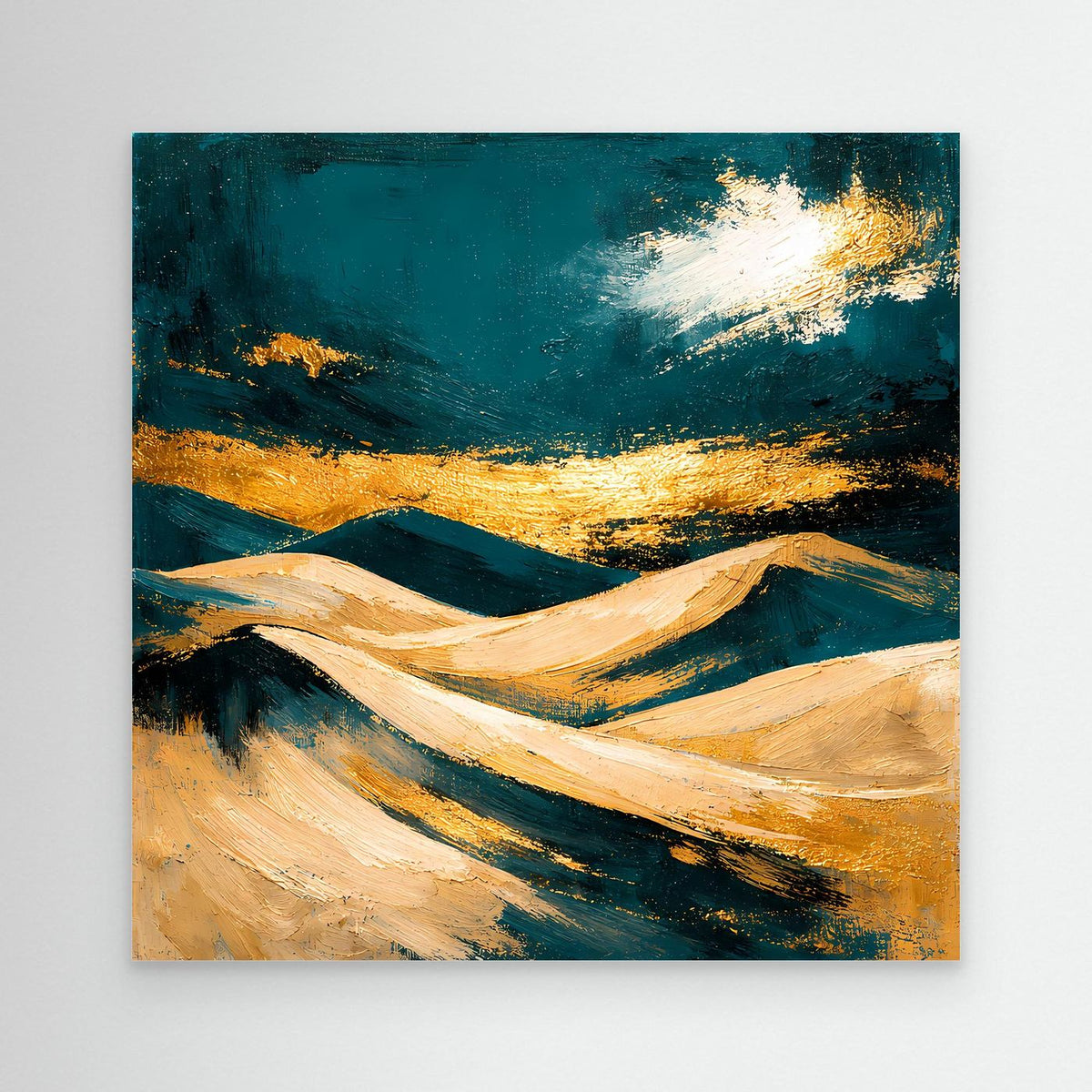 Abstraktes Leinwand-Wandbild: Dünen in Petrol, Beige und Gold, breite Pinselstriche