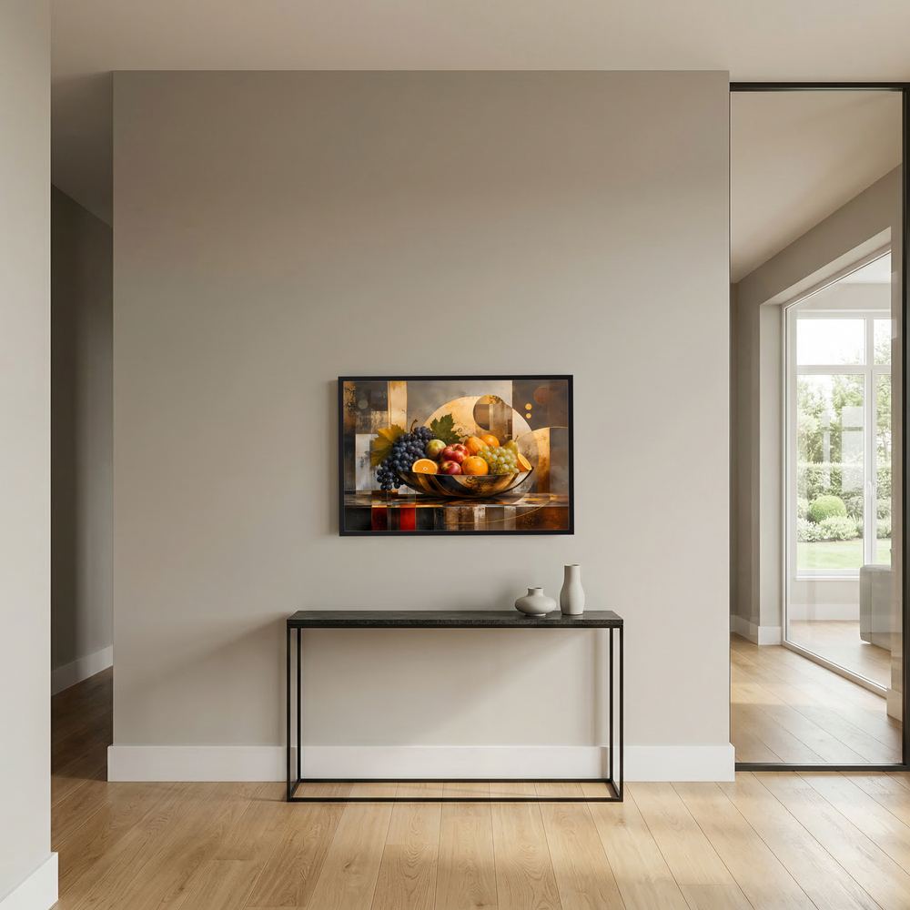 Wandposter mit Fruchtschale und Trauben im dunklen Rahmen